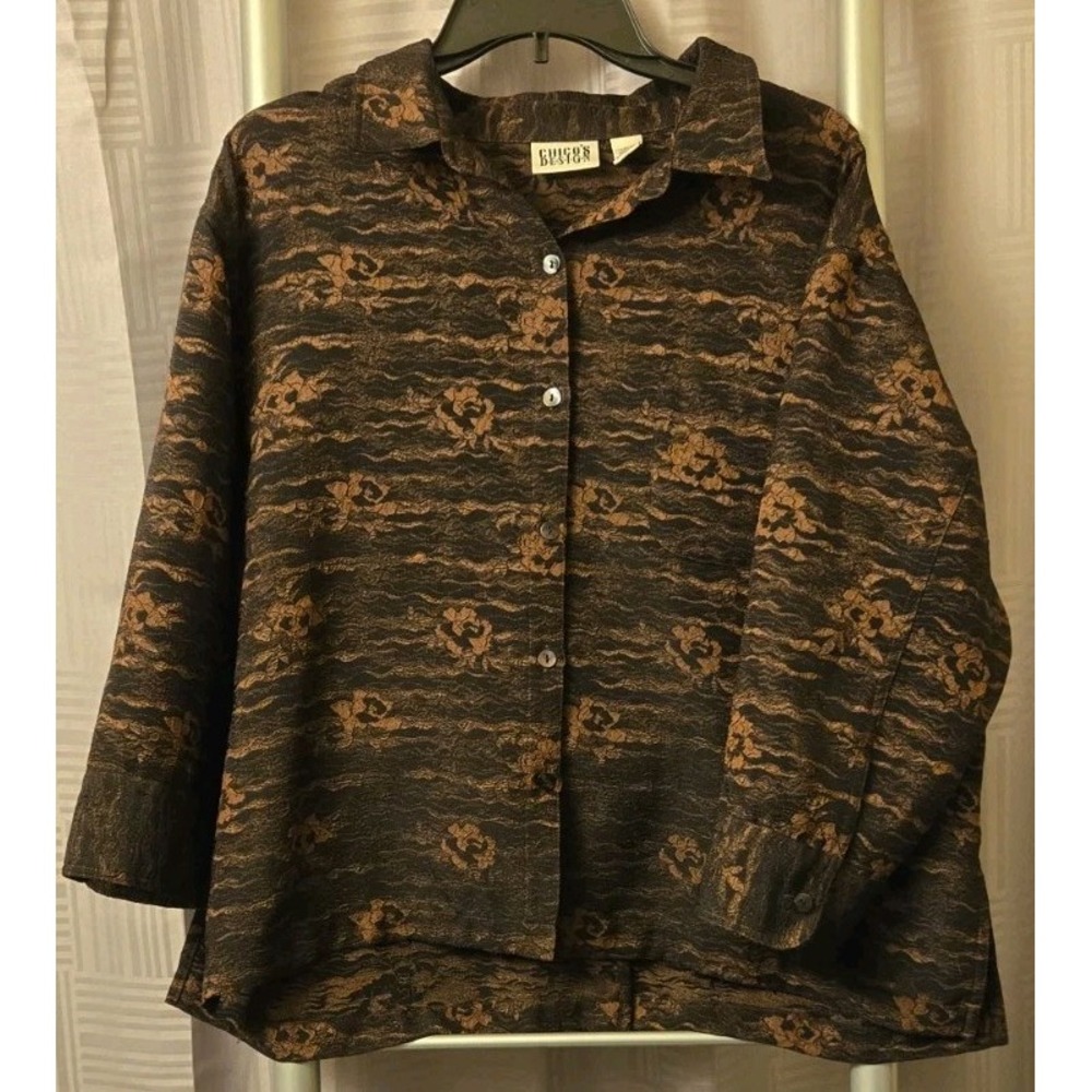 CHICO'S DESIGN Black & Brown Floral 3/4 Sleeve Button Up Shirt Jacket 3 XL *Flaw